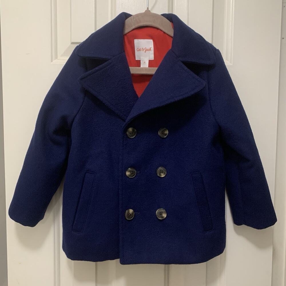 Cat & Jack Navy Blue Faux Wool Button Front Pea Coat Jacket Toddler Boys 4T